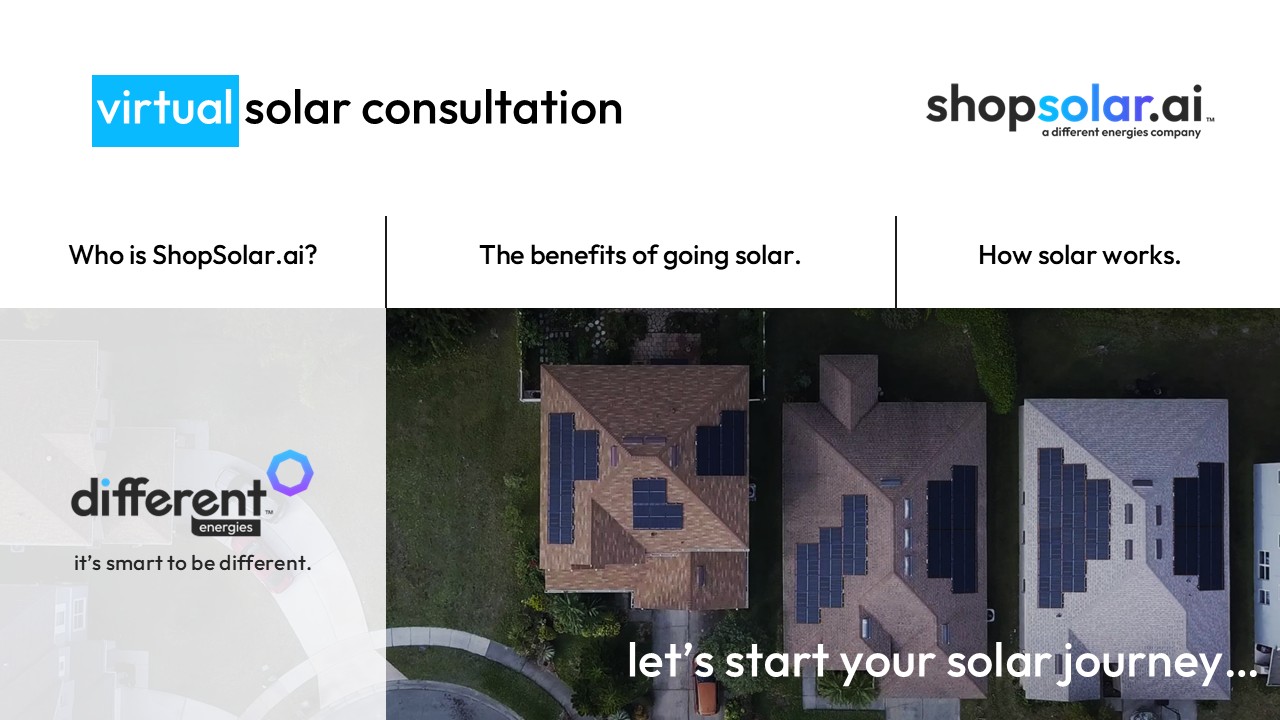 Aerial view of homes with solar panels showcasing ShopSolar.ai’s virtual consultation benefits.